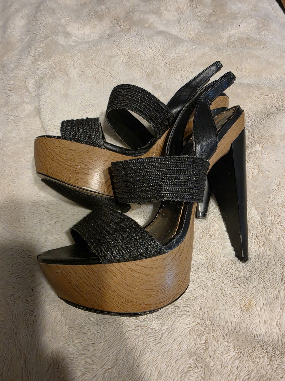 bebe Black Braided Slingback Platform Sandals with Wood-Effect Platform
